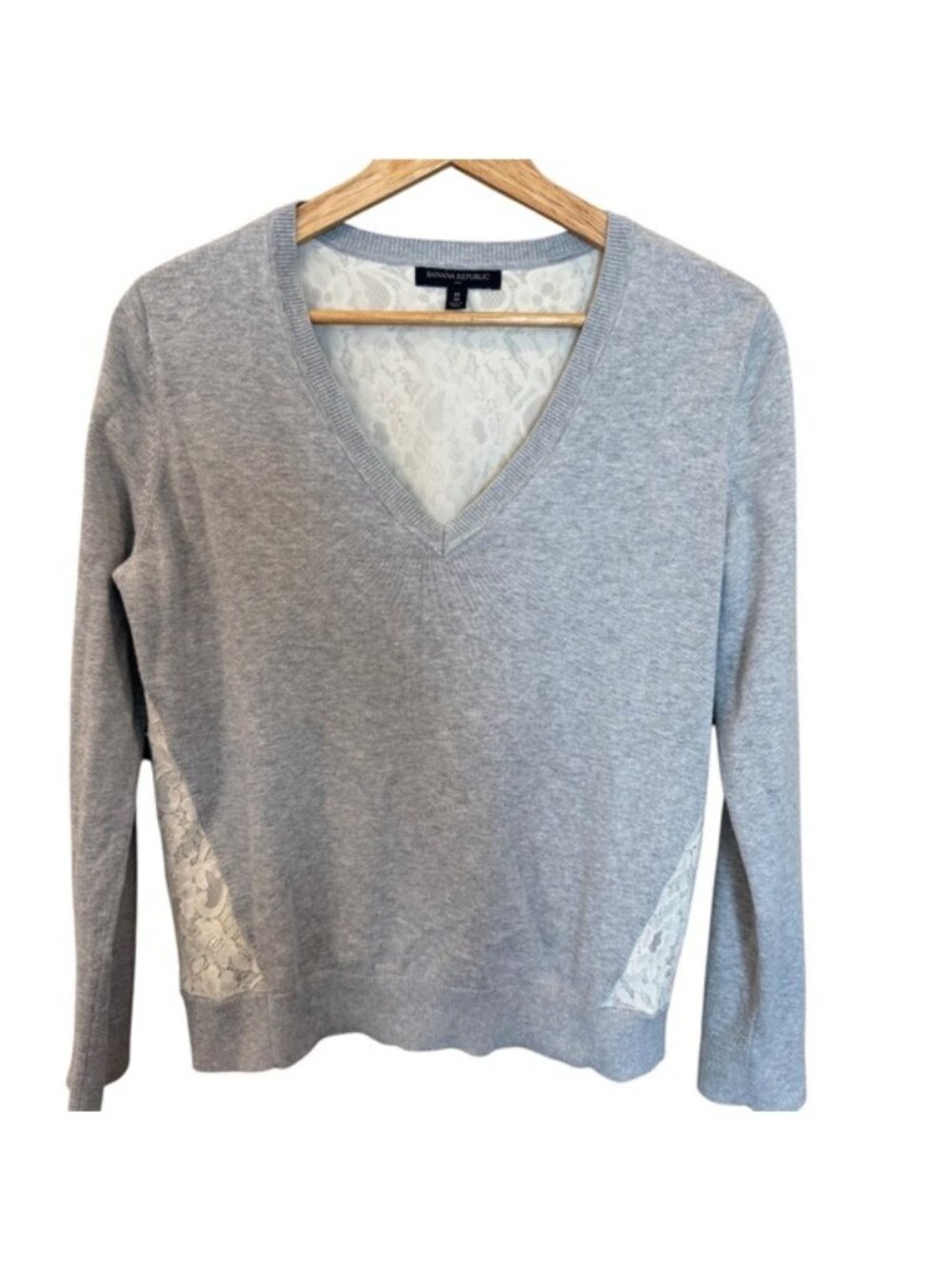 Banana Republic Factory Medium Gray V Neck Sweater Lace Back Mixed Media Fall